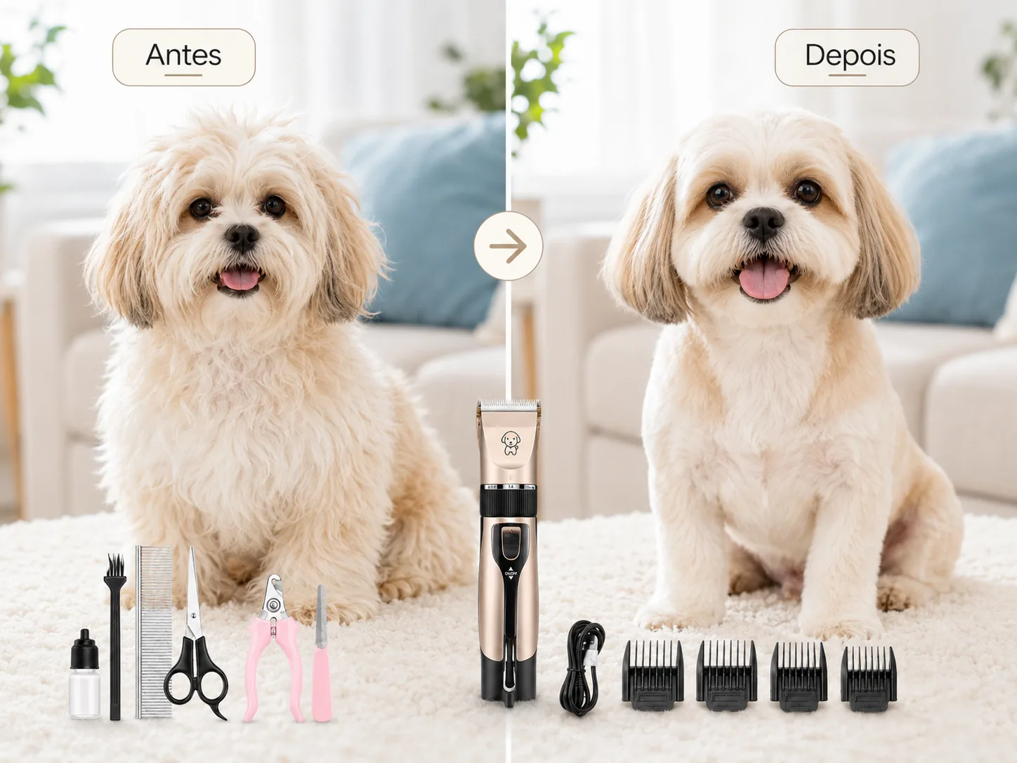 Comparação antes e depois do aparador de pelos pet