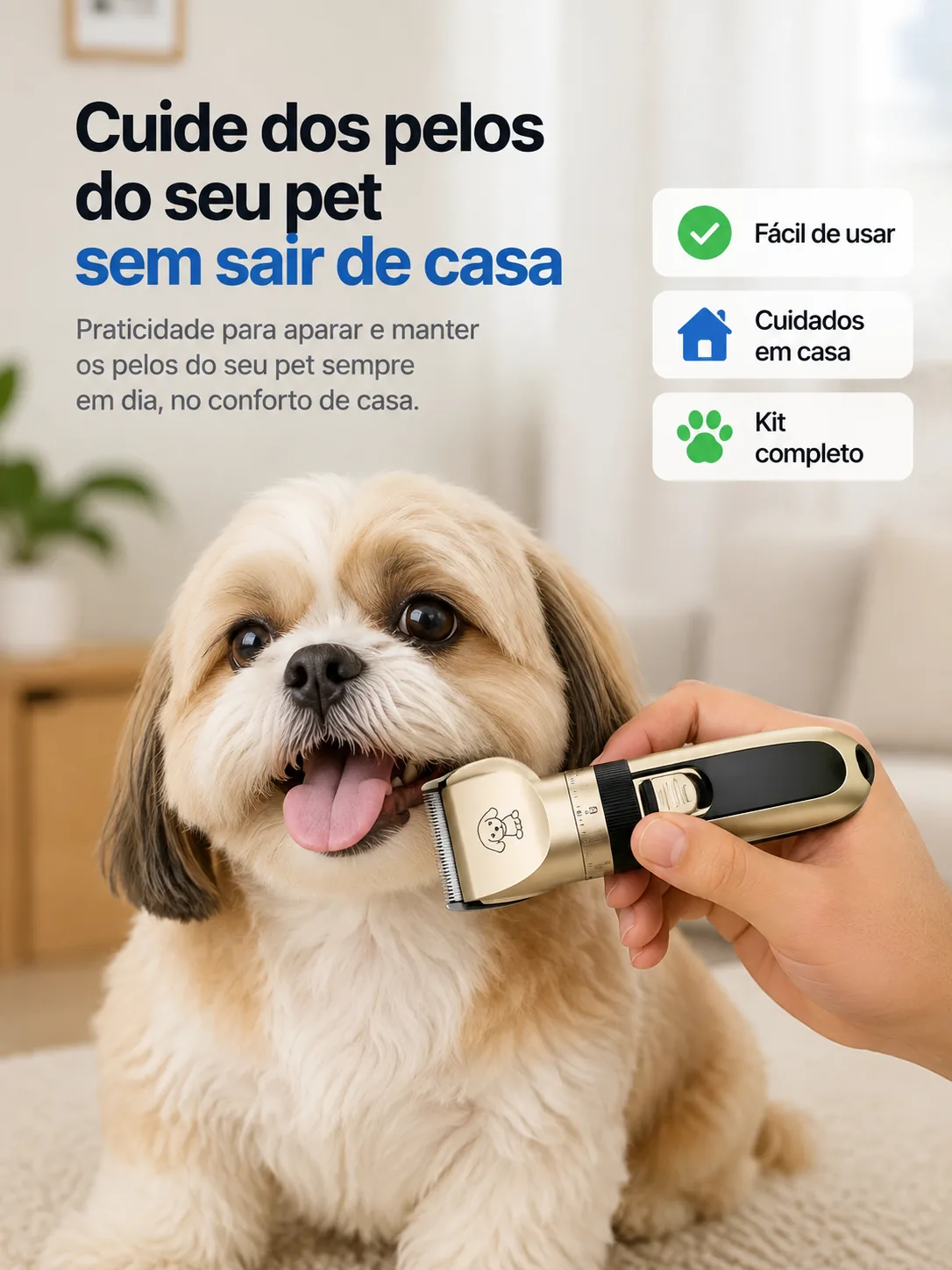 Demonstração do aparador de pelos pet em uso