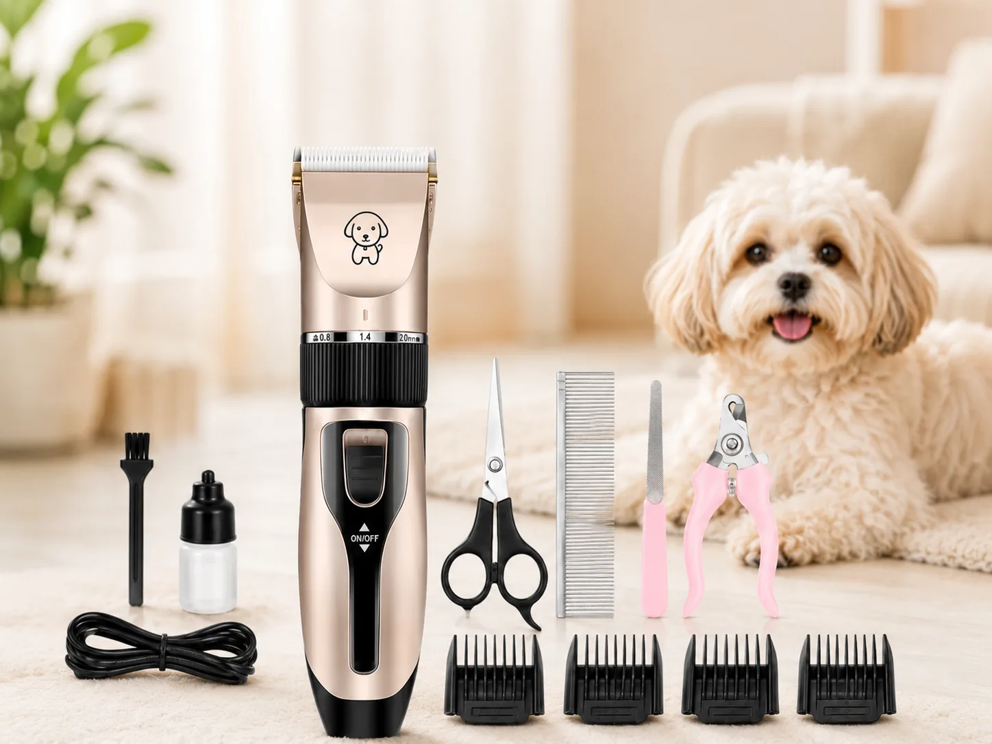 Aparador de pelos para pet com todos os acessórios do kit e cachorro ao fundo